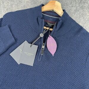 Ted Baker Sweater Mens Large Navy Blue Textured Funnel Neck Quarter Zip Pullover